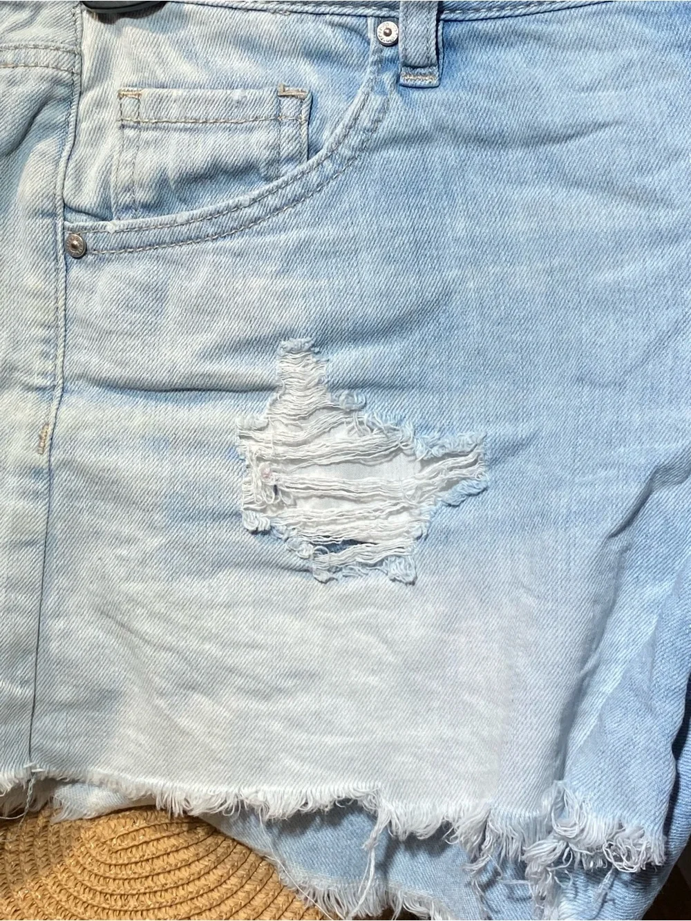 refuge Light Blue Distressed Denim Button-Fly Shorts